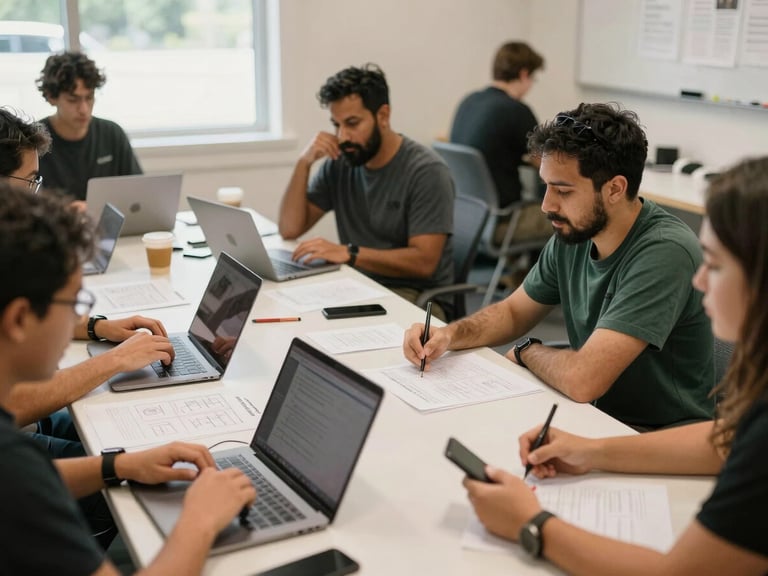 Documentary shot of developers and community members collaborating around a table with laptops and paper wireframes in a brightly lit Atlanta community center, warm natural daylight, 35mm lens
