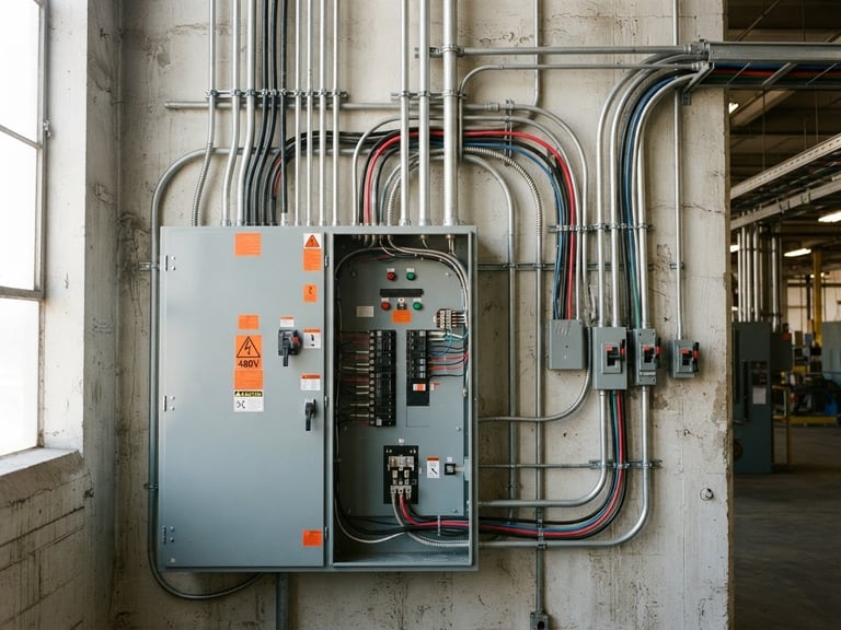 Straight-on medium shot of a neatly organized industrial electrical panel with orange safety labels, clean conduit runs, bright daylight, 35mm.