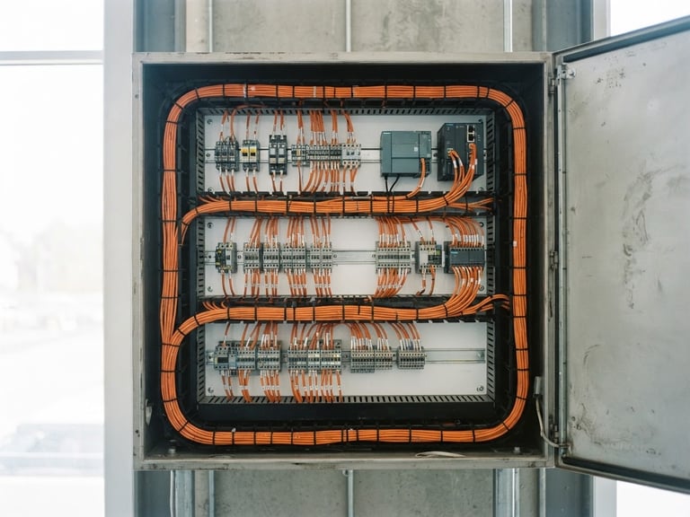 Sharp straight-on medium shot of a neatly routed low-voltage control panel with structured orange cabling, bright clean daylight, 35mm