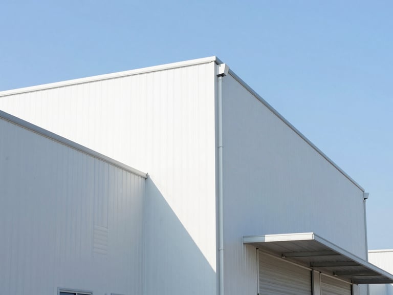 Bright architectural close-up of a modern logistics hub under clear blue skies, high-key daylight, 35mm