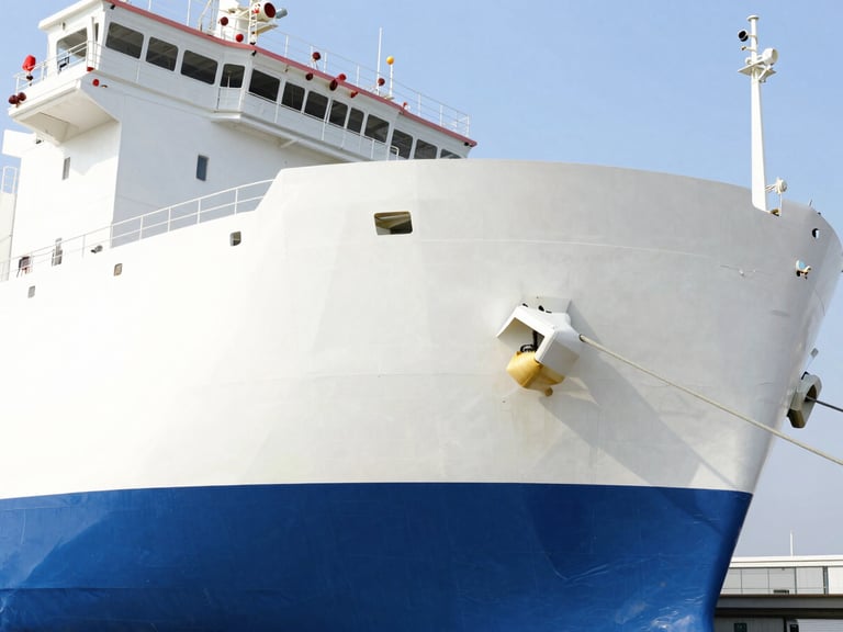 Clean geometric cargo ship docked at a modern terminal, crisp natural daylight, high-key corporate photography, 35mm