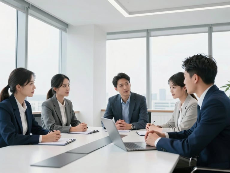 Focused professional strategy session in a bright, airy corporate boardroom with floor-to-ceiling windows, natural daylight, 35mm