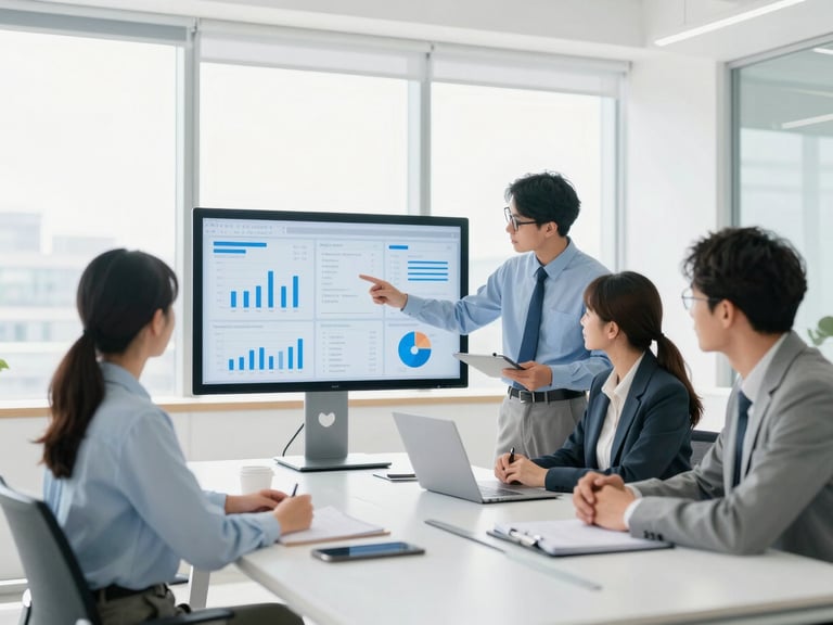 Bright high-key corporate photography of a modern office strategy session, focused professionals analyzing logistics data on screens, daylight, 35mm
