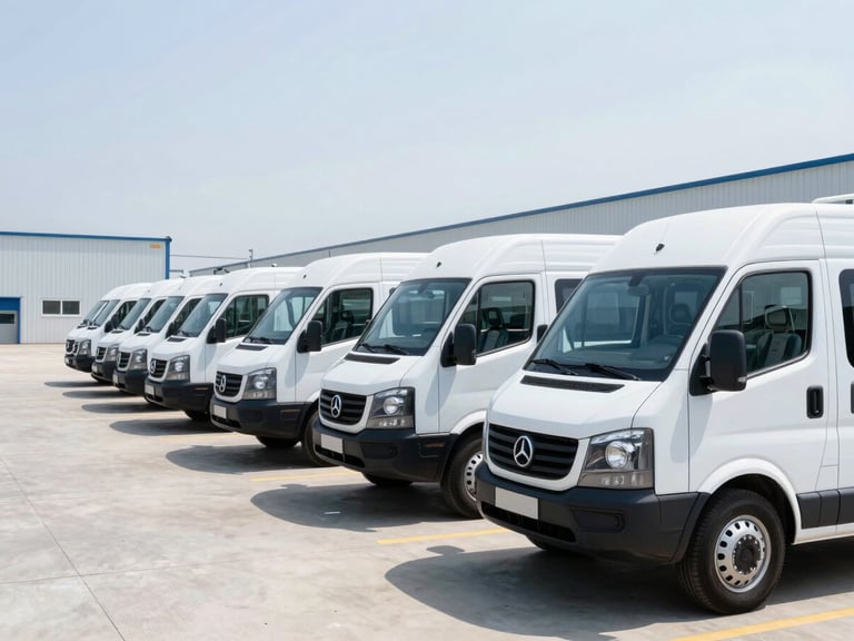 A structured line of modern fleet transport vehicles parked in a clean logistics yard under bright natural daylight, sharp corporate photography, 35mm lens.