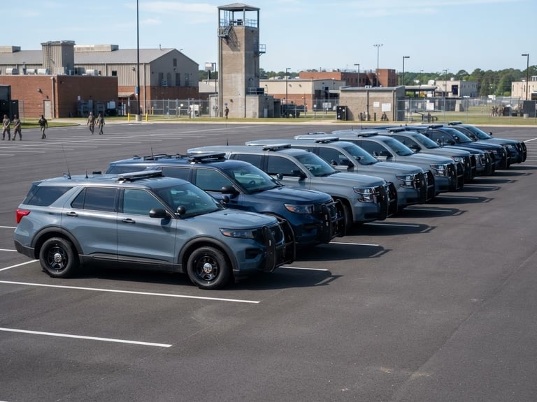 A crisp wide angle shot of modern fleet vehicles parked in an organized row at a tactical training facility in Hampton, bright daylight, 35mm lens