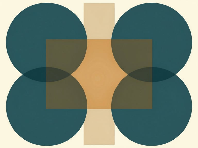 Minimalist geometric vector abstraction with overlapping deep teal circles and warm amber squares representing structured knowledge pathways, clean daylight-lit background.