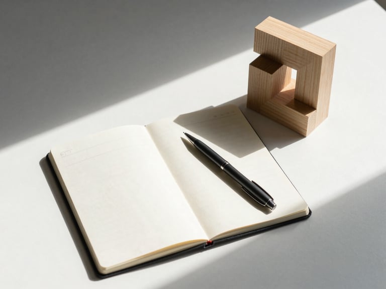 Minimalist top-down desk setup with a notebook, a pen, and an abstract geometric wooden sculpture representing structured knowledge, clean daylight, Swiss design aesthetic.
