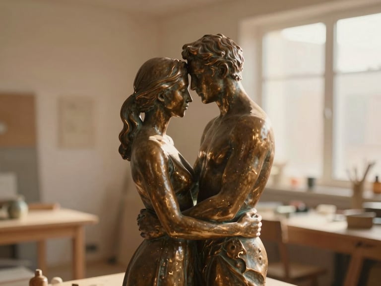 Candid medium shot of a finished bronze sculpture of a young couple embracing, sun-drenched studio, warm natural light, soft shadows, intimate shallow depth of field, 35mm.