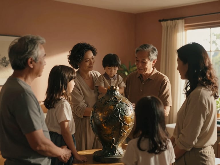Warm cinematic photography of a multi-generational family interacting naturally with a large, finished bronze sculpture in a sunlit home, soft shadows, intimate shallow depth of field, 35mm.