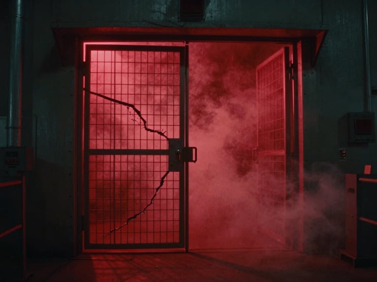 Cinematic wide shot of a massive steel laboratory gate cracked open, glowing with intense crimson light and thick smoke pouring out, 35mm anamorphic