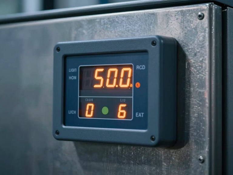 Close-up macro shot of a modern digital weight indicator terminal inside a stainless steel PLC control cabinet, glowing orange LED screen showing metrics, cool blue and metallic gray tones, sharp focus, 50mm lens