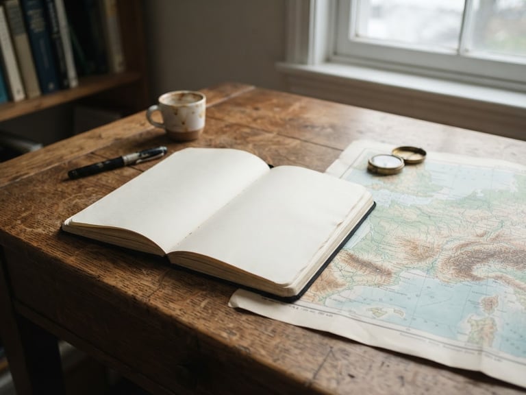 Medium-close shot of an open paper notebook on a heavy oak desk next to a physical map, soft natural overcast window light, warm editorial photography, muted academic tones, 35mm lens