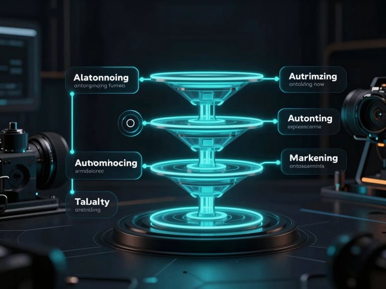 Clean UI mockup of automated marketing funnels with glowing neon cyan data pipelines flowing through nodes, dark luxury tech-noir aesthetic.