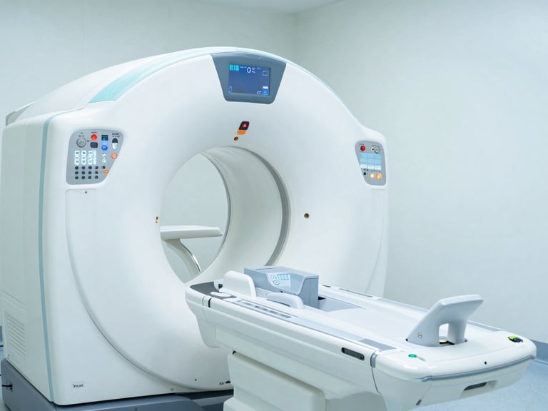 Pristine clinical photography of a high-end MRI machine interface in a bright sterile hospital environment, cool teal accents, sharp focus, 35mm