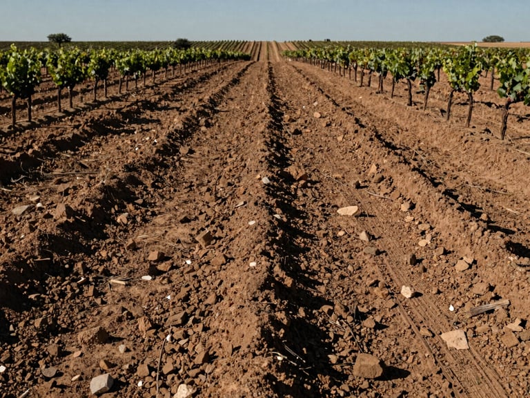 Close-up of Prieto Picudo vine rows on clay-limestone terroir under flat northern light, soil texture visible between rows, no people, austere landscape extending to a low horizon