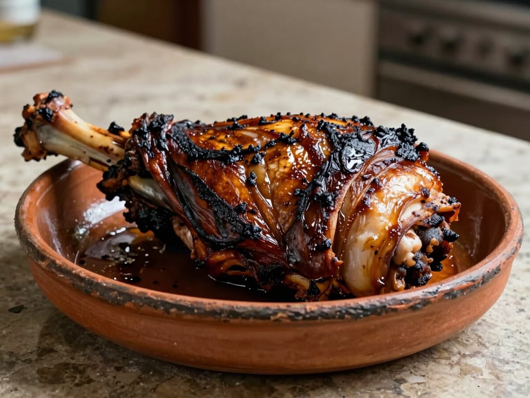 Close-up of a whole roasted lechazo shoulder on a weathered clay dish, dark caramelised skin, rendered fat glistening, placed on a rough stone kitchen counter under overcast northern light, no garnish, no people
