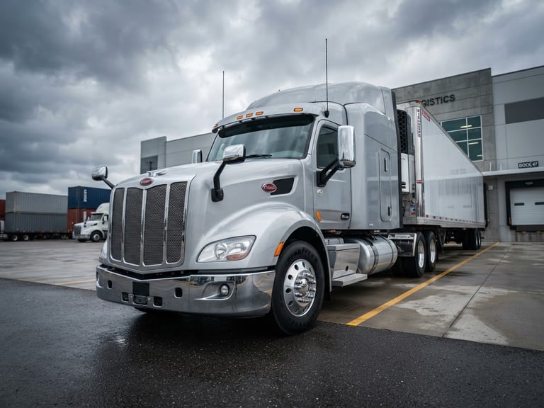 Low-angle heroic shot of a polished silver Class 8 semi-truck parked in a modern, clean logistics terminal, dramatic overcast daylight, cool metallic tones, sharp focus, 35mm