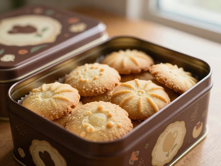 Close-up of a beautifully decorated tin box, slightly ajar, showcasing a stack of golden artisanal butter cookies inside, on a warm wooden surface with gentle shadows, soft morning window light, shallow depth of field, rich chocolate and cream tones