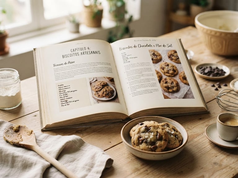 Capa de e-book de confeitaria artesanal aberta sobre uma mesa de madeira clara, com biscoitos recém-assados e ingredientes espalhados, luz suave da manhã, foco na textura.
