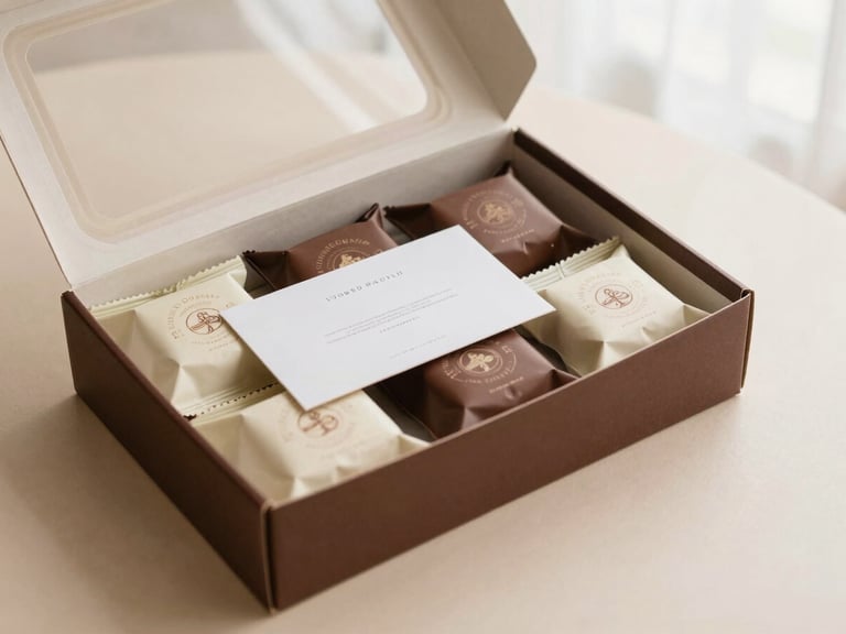 Elegant flat-lay of a corporate gift box, open, with branded artisanal biscuit packs and a custom note, on a clean beige surface, soft diffused light, focus on impeccable presentation and subtle branding, warm editorial food photography