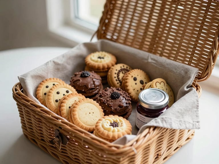 Overhead flat-lay of an elegant wicker gift basket, partially open, revealing assorted artisanal biscuits, linen napkins, and a small jar of local jam, bathed in soft, diffused morning light, shallow depth of field, warm editorial food photography