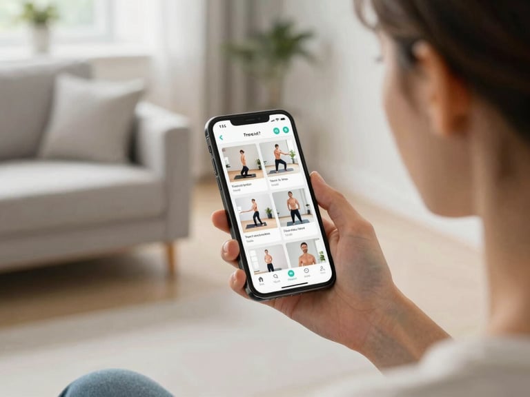 Over-the-shoulder view of a patient holding a smartphone displaying a physical therapy chat interface with clear exercise video clips, bright natural daylight, clean modern living room background.