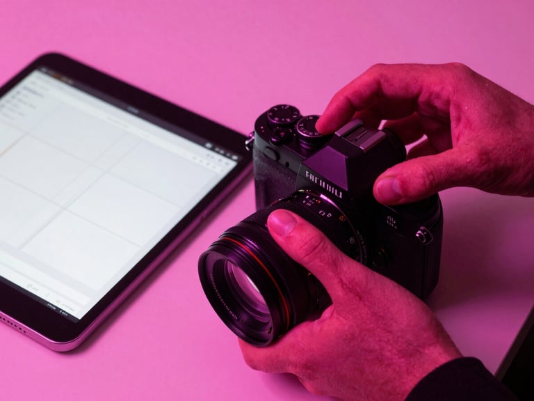 Vibrant close-up of a designer's hands adjusting a 35mm camera lens next to a tablet showing clean UI wireframes, high-contrast pink neon lighting, cinematic shadows.
