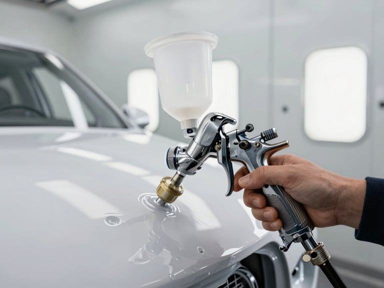 Macro close-up of a professional paint gun spraying high-grade polyurethane clear coat onto a clean car panel inside a brightly lit, pressurized paint booth.