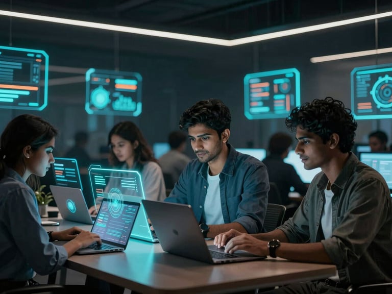 Young Indian tech builders collaborating on laptops in a modern, dark-lit co-working space, glowing holographic interfaces, neon backlighting, electric cyan and saffron accents.