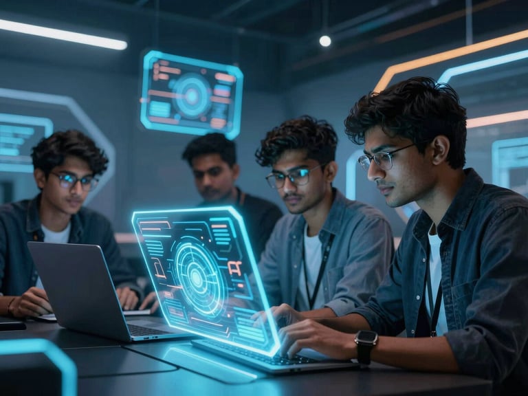 Dynamic low-angle shot of young Indian tech builders collaborating intensely in a futuristic hackathon space, glowing holographic interfaces, neon blue and saffron lighting, high-contrast cybernetic aesthetic.