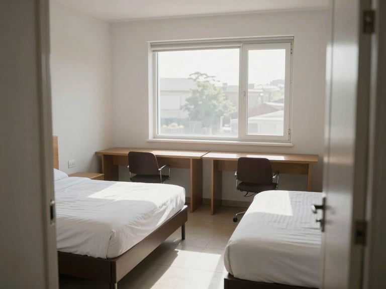 Daytime shot from the doorway of a furnished double-occupancy PG room — two beds with white sheets, two desks side by side under a wide window, tiled floor, bare white walls, natural midday light, no people