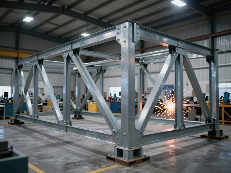 Wide shot of a large structural steel truss being assembled in a clean, high-ceiling industrial facility, cool ambient light, sparks from welding in the background, Rathdrum shop floor.