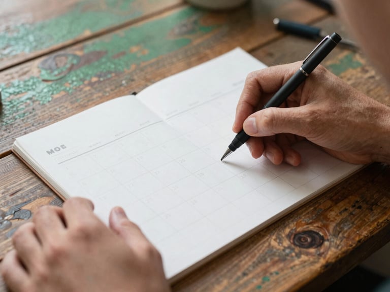 hands sketching a social media content calendar on a rustic wooden table, soft natural light, close-up, warm editorial photography, rich crimson and forest green tones, shallow depth of field