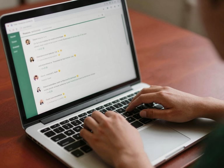 person's hands typing on a laptop, showing a social media feed with engaged comments, over-the-shoulder shot, soft daylight, warm editorial photography, rich crimson and forest green tones