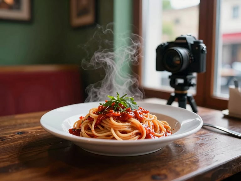 camera on a tripod capturing a steaming plate of fresh pasta in a cozy Scandinavian-style restaurant, warm window light, shallow depth of field, rich crimson and forest green tones
