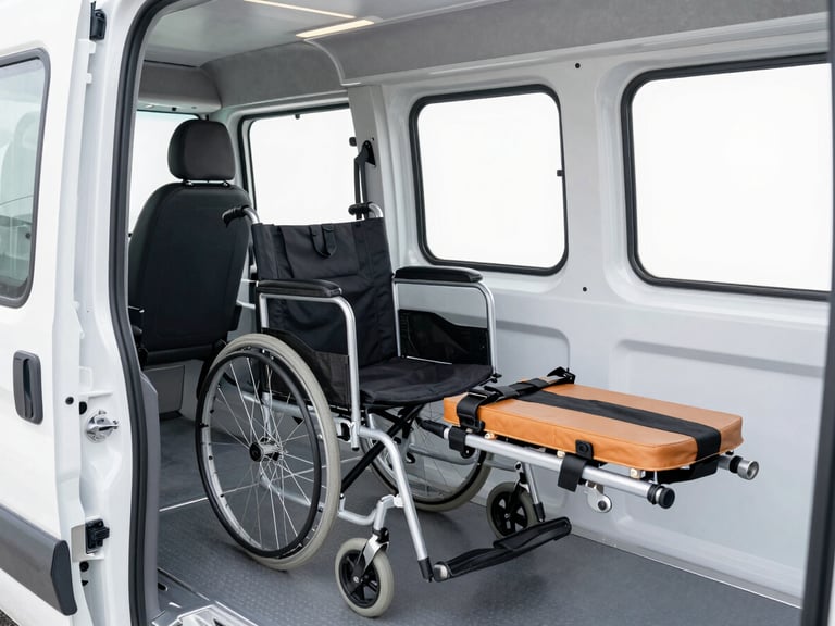 Interior of a medical transport vehicle, showing secure wheelchair and gurney restraints, clean and well-lit, no patients visible, under bright overcast daylight.