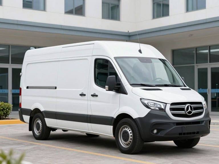 Pristine, modern medical transport vehicle exterior, clean design, parked in front of a hospital entrance under bright overcast daylight, sharp focus.