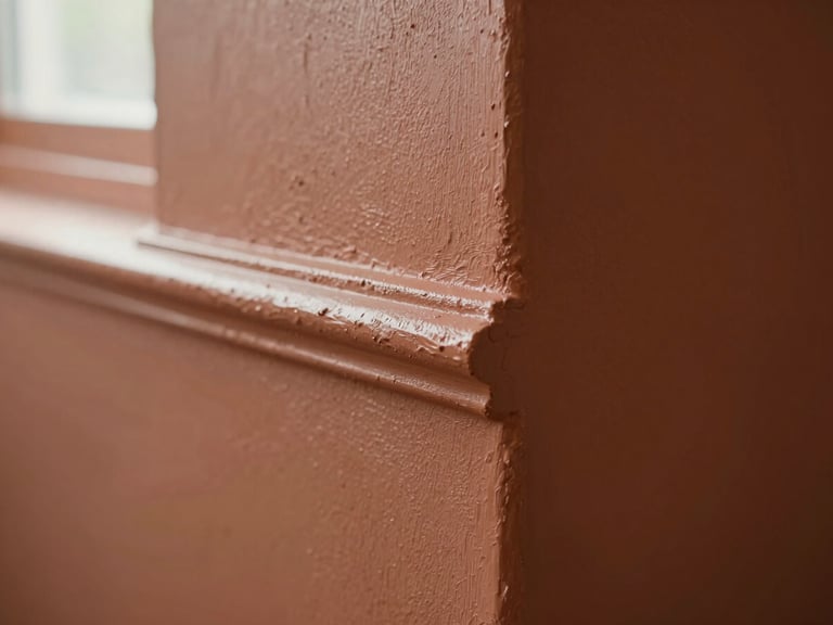 Close-up of a painted wall-to-trim transition in a warm clay tone, fine brush work visible at the edge, natural window light revealing the paint texture and sheen from the side