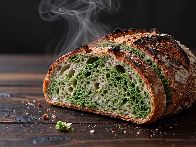 Macro photography of sourdough bread being sliced open, steam escaping, crumbs on dark wood, rich contrast.