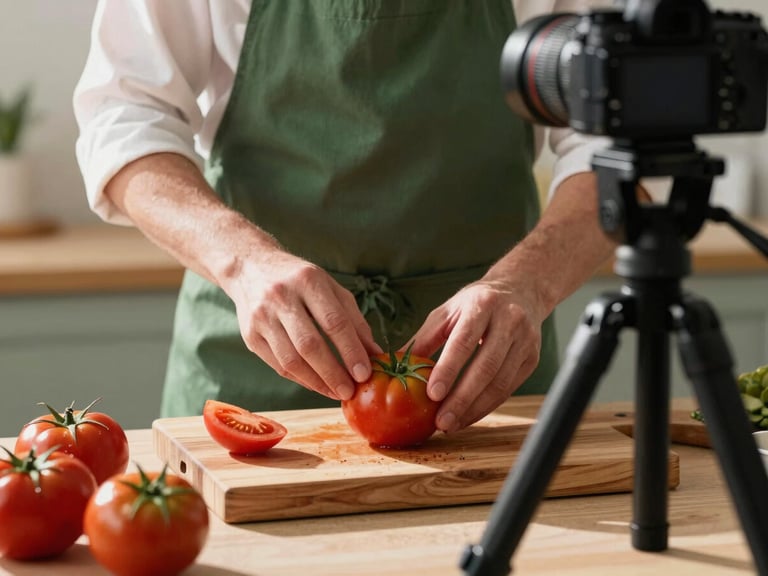 Behind-the-scenes camera on a compact tripod catching a chef prepping heirloom tomatoes on a wooden block, warm morning light.