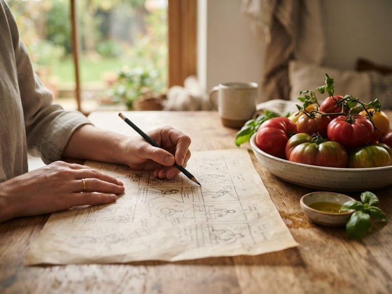 Warm editorial photography of hands sketching storyboards on parchment paper beside a bowl of heirloom tomatoes, soft Scandinavian side-lighting, shallow depth of field, 35mm