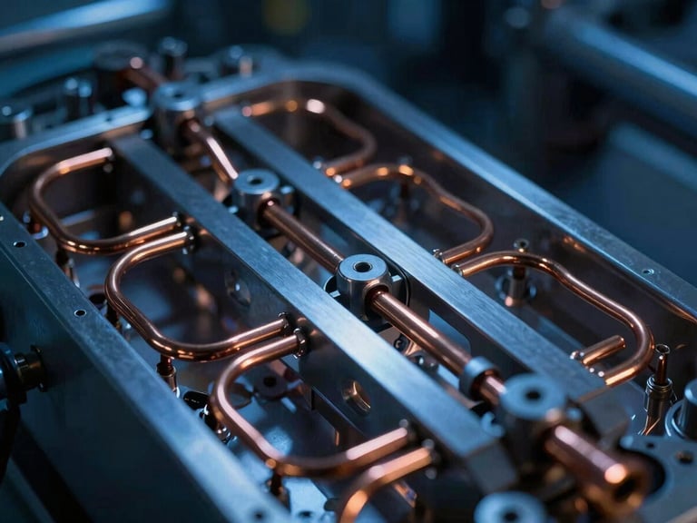 Macro shot of a quantum dilution refrigerator's intricate metallic structure, copper-wire accents, reflecting sharp blue and amber lights, industrial laboratory photography.