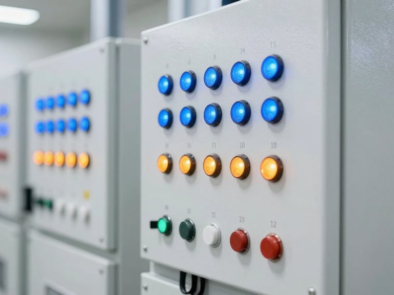 Close-up of a clean industrial control panel with glowing blue and orange indicator lights, structured wiring, bright studio lighting