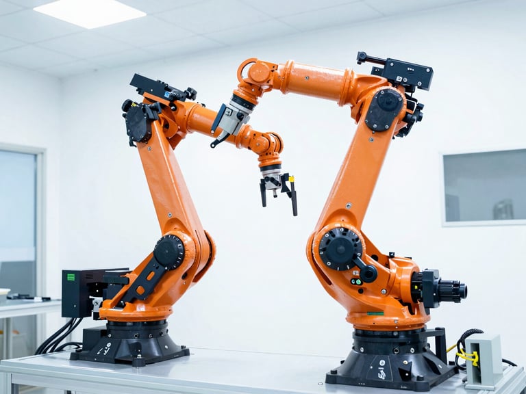 High-key industrial photograph of a multi-axis robotic arm in motion on a clean factory floor, bright daylight