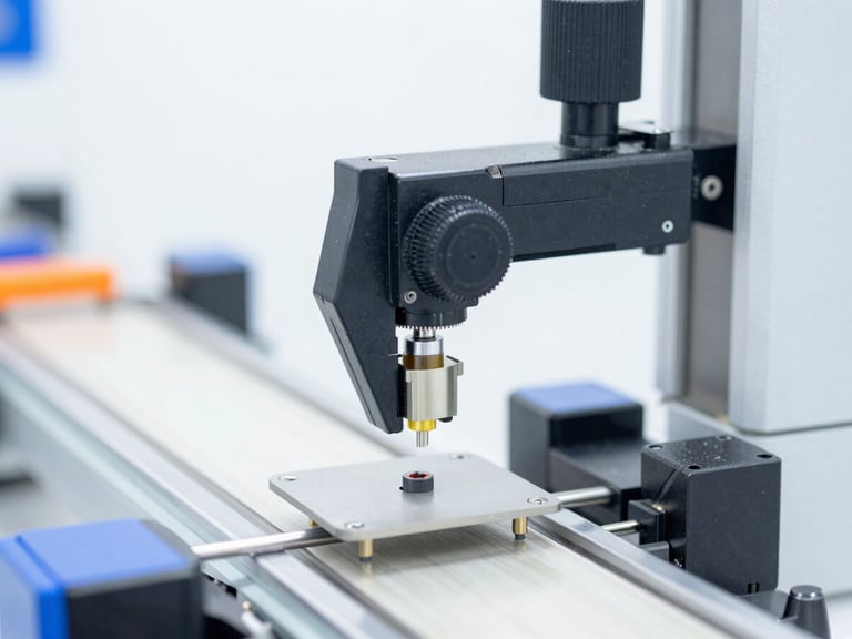 Close-up of an optical sensor and industrial camera calibrating small parts on a fast-moving conveyor, sharp focus, bright white daylight