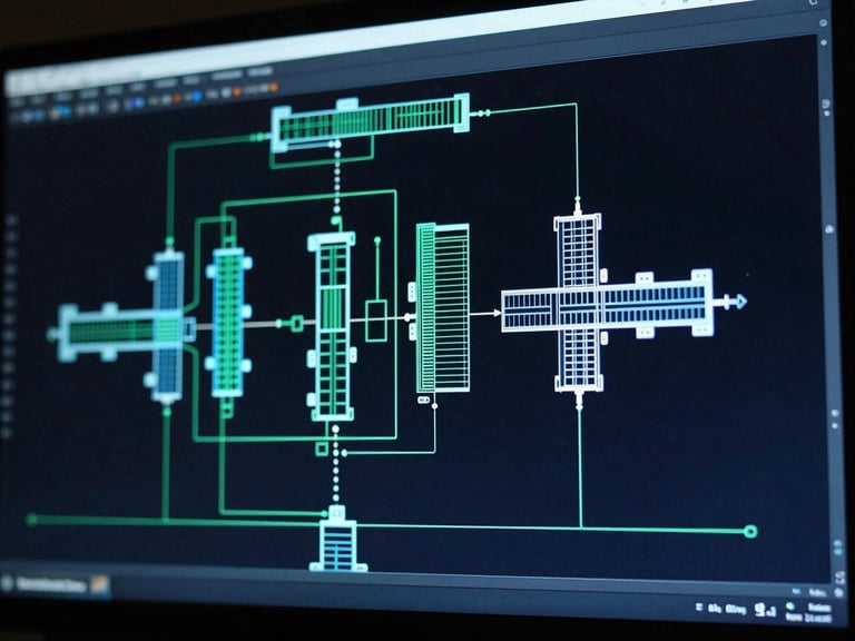 High-resolution architectural system diagram glowing on a dark monitor, neon blue and green accents, 35mm photography.