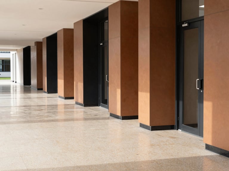 Clean architectural shot of an empty modern school hallway with highly polished light beige terrazzo floors, bright natural daylight, structured and pristine.