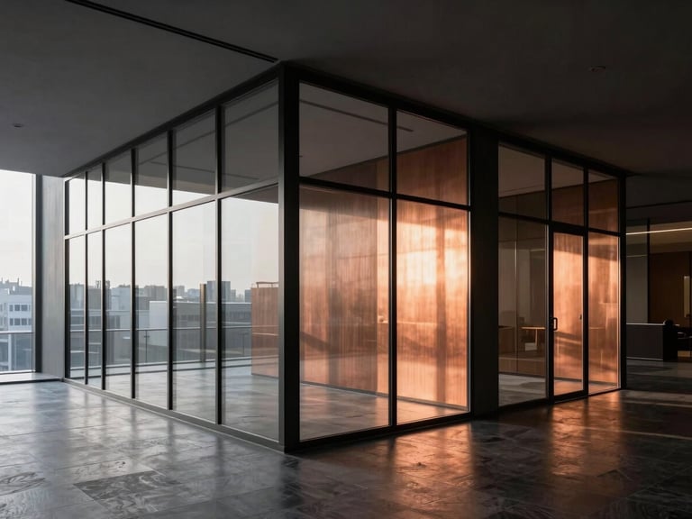 Editorial architectural photography of a pristine corporate office interior, minimalist glass partitions, polished stone surfaces reflecting warm copper highlights, sharp focus.