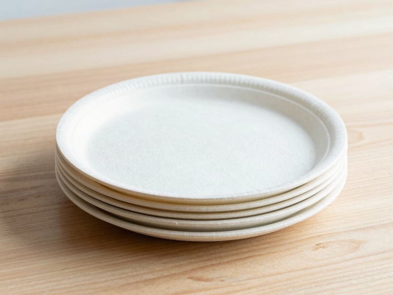 Minimalist stack of off-white bamboo fiber plates on a light oak table, bright natural daylight, soft shadows