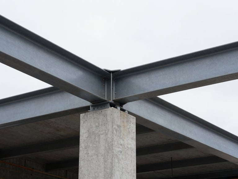 Crisp architectural photography of a modern steel and concrete construction site under natural overcast daylight, sharp focus on structural joints, 35mm lens.